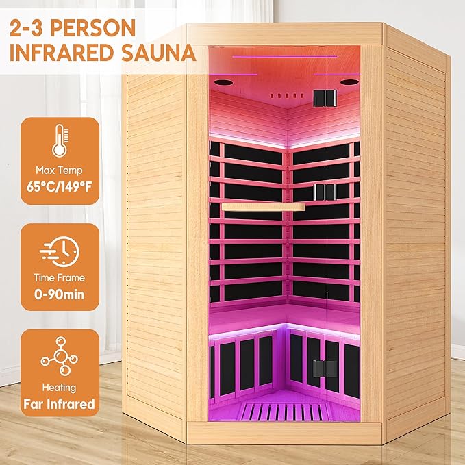 OUTEXER 2-3 Person Sauna Corner Sauna Far Infrared Saunas Room Home Canadian Hemlock Indoor 2100W Low-EMF Dry Saunas with 7 Color Therapy 47.2 * 47.2 * 74.8inch