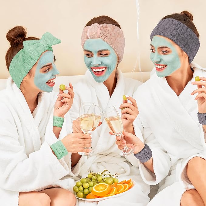DiyJibb 9 Pcs Spa Headband for Washing Face,Skincare Headband and Wristband Set,Women Teen Girls Facial Hairbands for Washing Face, Makeup, Sports, Yoga (orange-pink + green + dark grey)