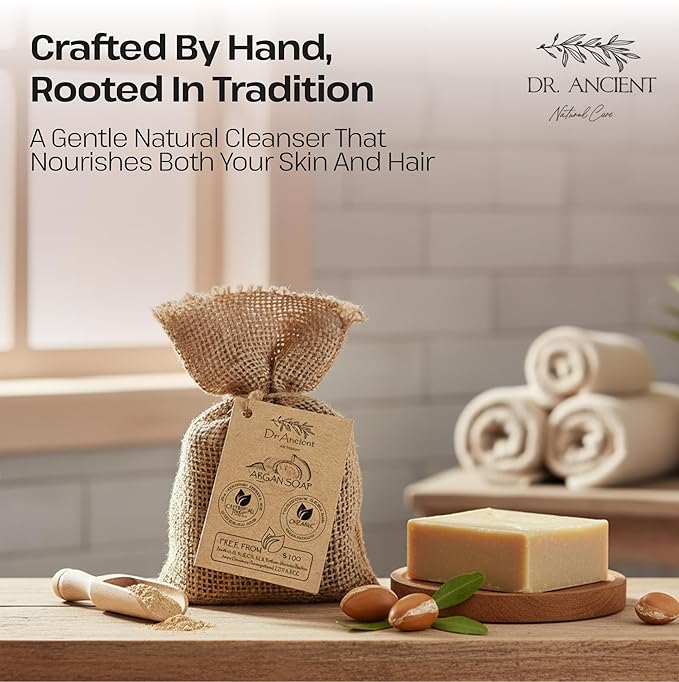 Dr.Ancient Argan Soap Bar, Organic Soap Bars Handcrafted the Traditional Way, Natural Chemical-Free, Vegan, Used for Face Wash, Body Wash, Hand Cleansing and Daily Skin Care, Gentle Cleanser