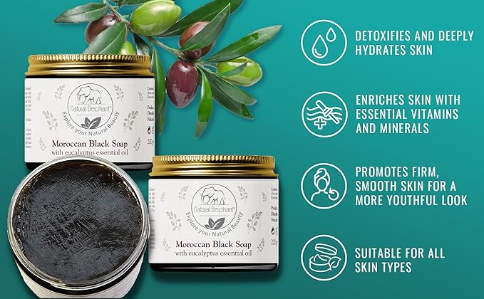 Natural Elephant Premium Kessa Hammam Glove and Moroccan Black Soap with Eucalyptus Essential Oil 200g (7oz) Combo Spa Exfoliation Kit