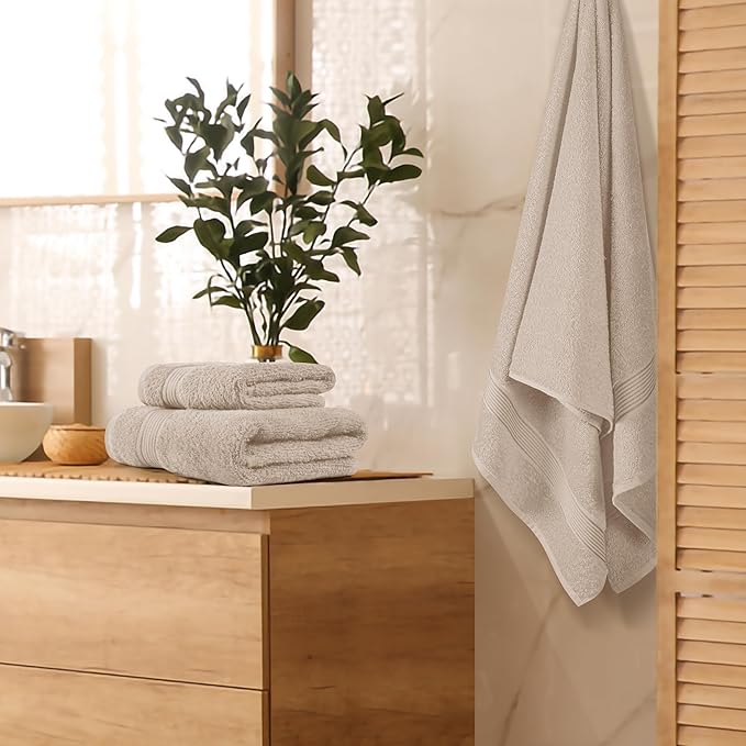 Belizzi Home Ultra Soft 3 Pack Cotton Towel Set, Contains a Bath Towel 28x55 inch, a Hand Towel 16x24 inch & a Wash Coth 12x12 inch, Ideal Everyday use, Compact & Lightweight - Tan