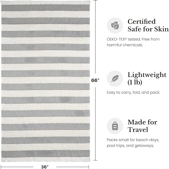 Lightweight Turkish Beach Towel - 100% BCI Cotton, Unbleached Raw Fringe, Oeko-TEX Certified, Absorbent, Eco-Friendly, 36x66”, Black & Natural Stripes, Portable Sarong Blanket for Pool, Travel