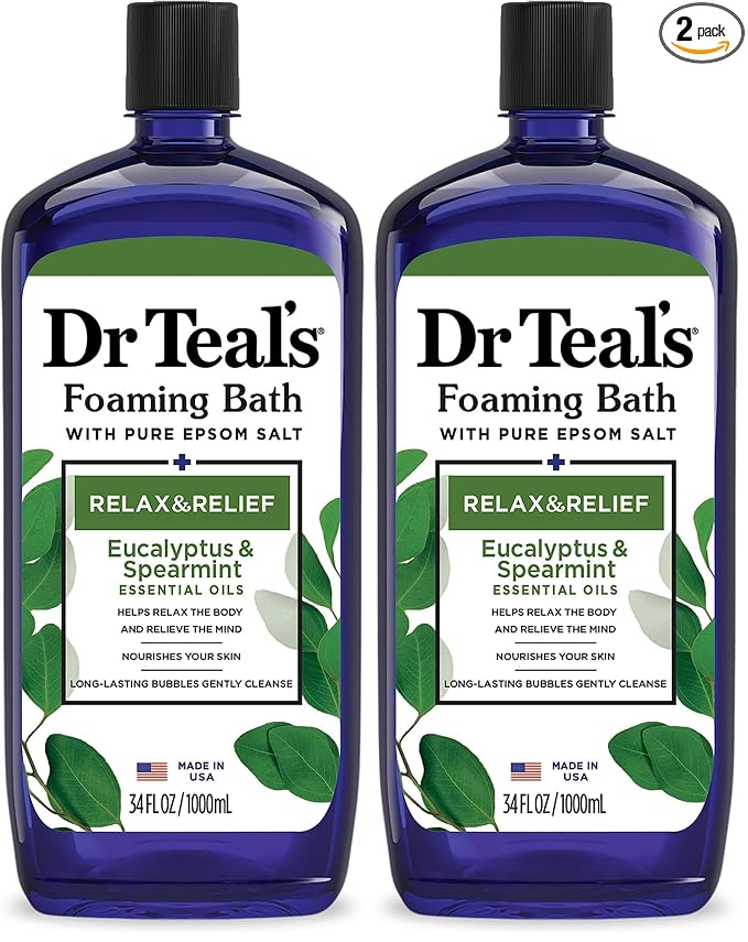 Dr Teal's Foaming Bath with Pure Epsom Salt, Relax & Relief with Eucalyptus & Spearmint, 34 fl oz (Packaging May Vary) (Pack of 2)