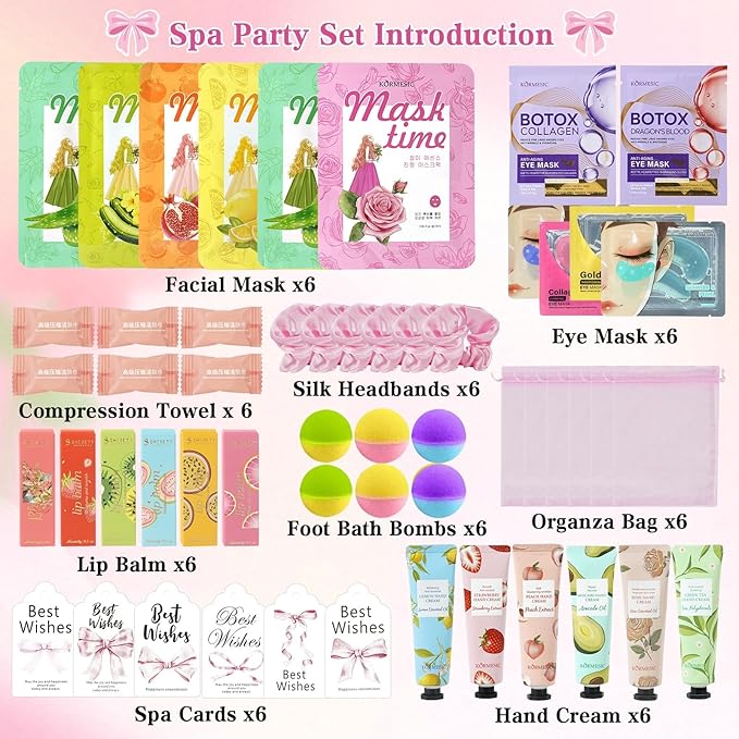 54PCS Spa Party Supplies for Girls, Spa Party Favors Include Facial Masks,Under Eye Patches, Lip Balm, Foot Bath Bombs, Hand Cream, Compressed Towel, Hair Band for Six Girls, Sleepover Party gifts