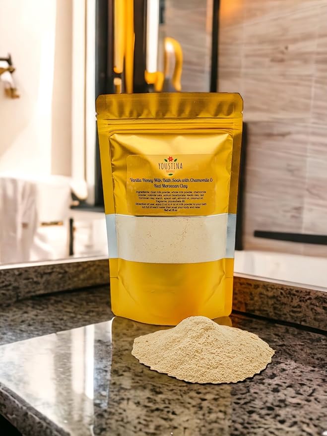 Milk Bath Powder Soak for Skin with Goat Milk, Moroccan Red Clay, Chamomile and Scented with Vanilla Honey 8 oz by Youstina Naturals