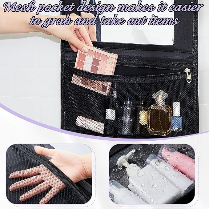Travel Hanging Toiletry Bag with Mirror Leather Travel Hanging Mirror Foldable Dance Competition Makeup Bag Backstage Cosmetic Organizer for Traveling Dancers Spa(Classic,Purple)