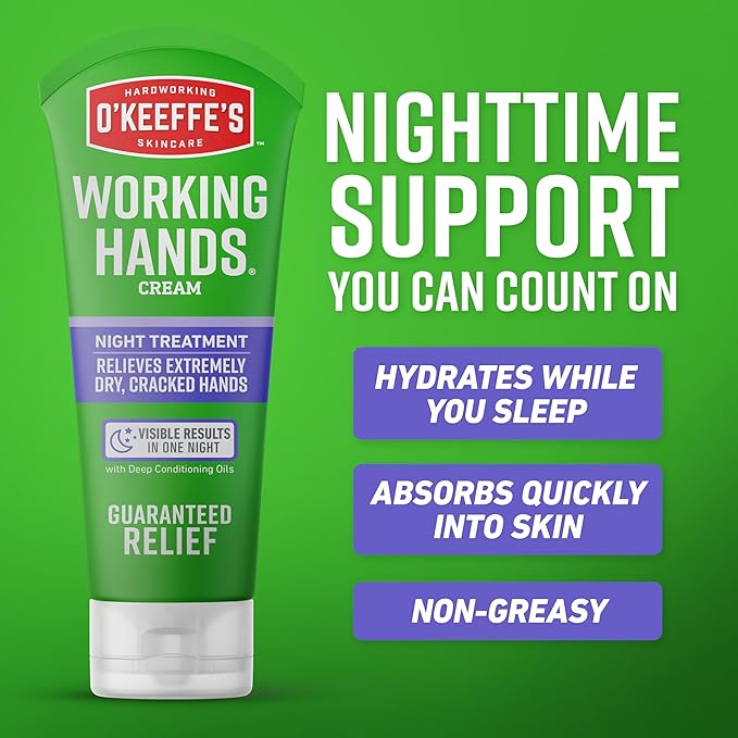 O'Keeffe's Working Hands Hand Cream Plus Night Treatment Cream Bundle - 7 oz Tubes (2 Total) - Repairing Skincare for Cracked, Dry Hands