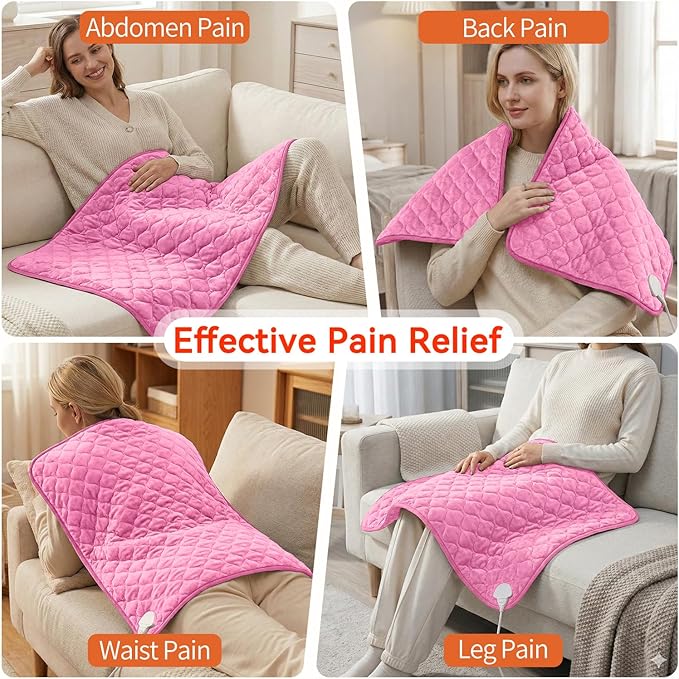 King Size Heating Pad for Back Pain 32"x24" Extra Large Electric Heating Pad for Period Cramps Relief & Body Neck Shoulder Auto Shut Off Heat Pad Temperature Settings Machine Washable Pink