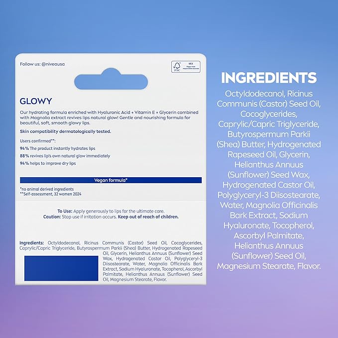NIVEA Glowy Lips, Vegan Lip Balm with Hyaluronic Acid, Vitamin E, and Magnolia Extract, Moisturizing Lip Balm Instantly Boosts Natural Lip Glow, 0.35 Fl Oz Tube