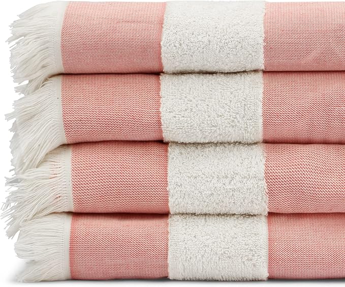 Lightweight Turkish Beach Towel - 100% BCI Cotton, Unbleached Raw Fringe, Oeko-TEX Certified, Absorbent, Eco-Friendly, 36x66”, Coral Pink & Natural Stripes, Portable Sarong Blanket for Pool, Travel