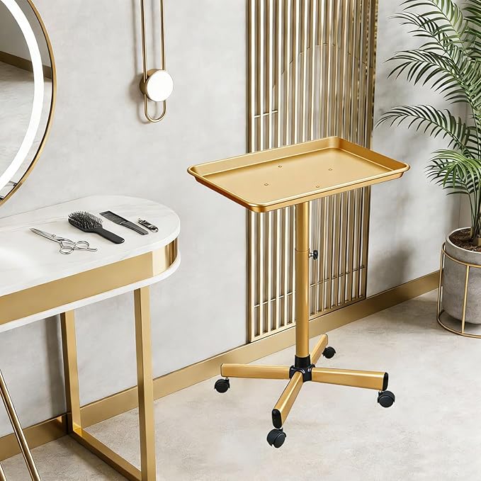 Salon Rolling Tray, Height Adjustable Tattoo Tray Rolling Cart, Storage Utility Trolley for Spa, Beauty Salon Service, Hairdresser Cart with Wheels, Black (Gold)