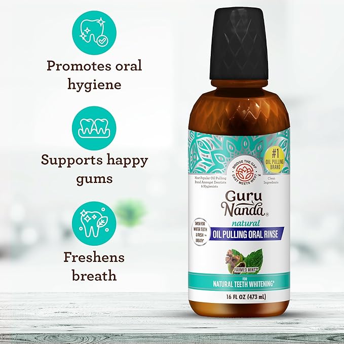 GuruNanda CocoMint Oil Pulling Mouthwash for Complete Oral Hygiene, 7 Essential Oils & Vitamins for Happy Teeth & Gums & Fresh Breath, Alcohol-Free, 16 oz (Pack of 2)