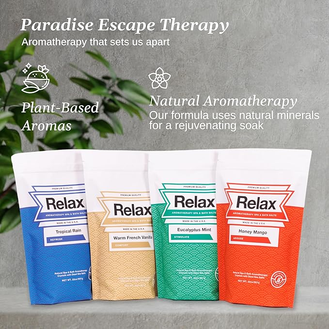 Relax Spa & Bath Aromatherapy Bath Salts Variety Pack for Hot Tub, Bath, or Spa, Infused with Magnesium, Bath Salt for Soaking, Four 2LB Bags