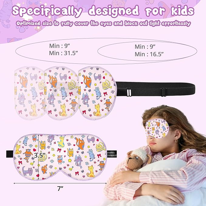 Kids Sleep Mask Eye Cover: 100% Real Natural Pure Silk Eye Mask with Adjustable Strap, Funny Blindfold Kids Eye Mask for Sleeping, Soft & Lightweight Eye Shade for Boys Girls Teens (Cats Style)