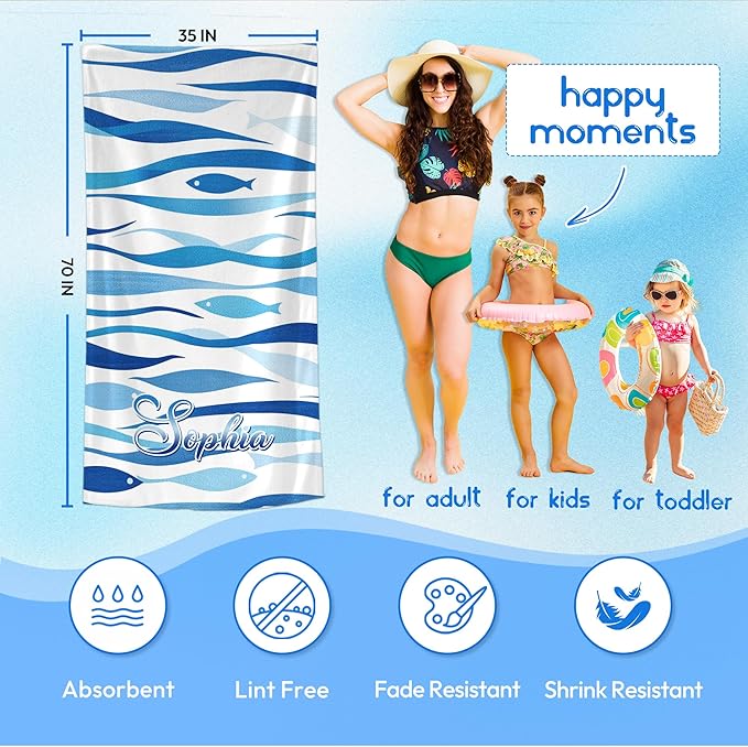 JML Custom Beach Towel with Name, Personalized Microfiber Beach Towel with Name, Large, Soft, Quick Dry & Absorbent for Swim, Pool,Adult,Summer Holiday,Vacation,Travel,Gift for Anniversary, Birthday