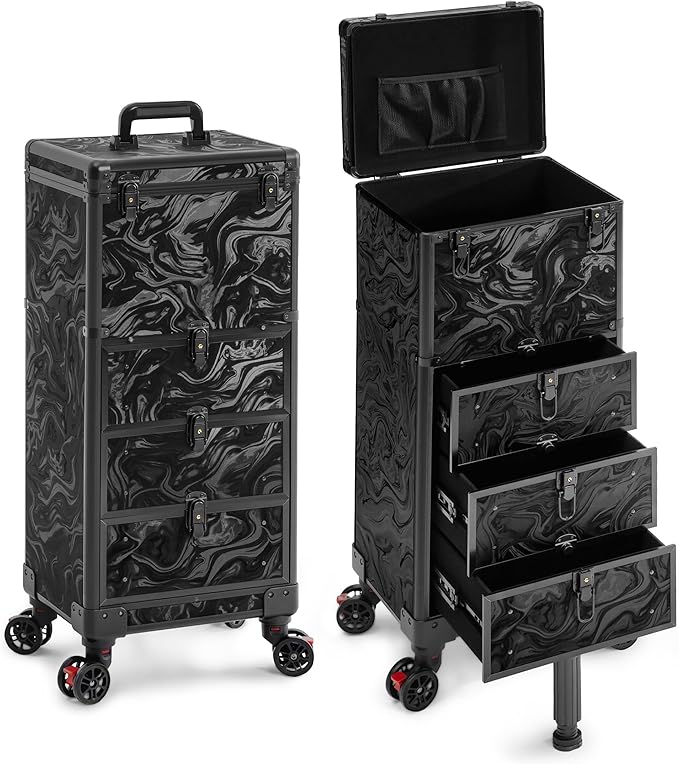 Rolling Makeup Train Case with 3 Drawers, Nail Trolley Cart Salon Station Cosmetology Case on Wheels Organizer Cases for Nail Tech,SPA,Face Painting,Hairstylist,Makeup Artist (Ink Black)