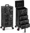 Rolling Makeup Train Case with 3 Drawers, Nail Trolley Cart Salon Station Cosmetology Case on Wheels Organizer Cases for Nail Tech,SPA,Face Painting,Hairstylist,Makeup Artist (Ink Black)