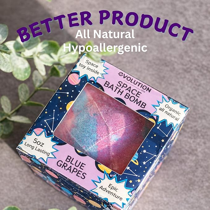 EvolutionUSA 1 Space Bath Bomb for Boys & Girls - Planet Bath Ball with Toy Hidden Inside, Organic Hypoallerganic Space Childrens Bathbomb, Cosmic Lush Bath Bomb Gift Set Birthday, Christmas, Easter