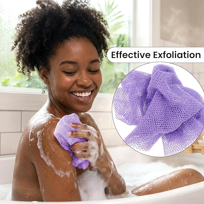 African Net Sponge 2Pcs Authentic Exfoliating Body Scrubber Long Net Bath Sponge Loofah Back Scrubber for Shower All Body Skin Nylon (Purple, Pink)