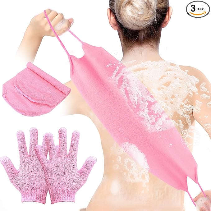 3-Pack Exfoliating Gloves Back Exfoliating Towel Back Washer for Shower Back Scrubber for Shower Skin Washcloth Body Exfoliator Set for Women Men, Pink