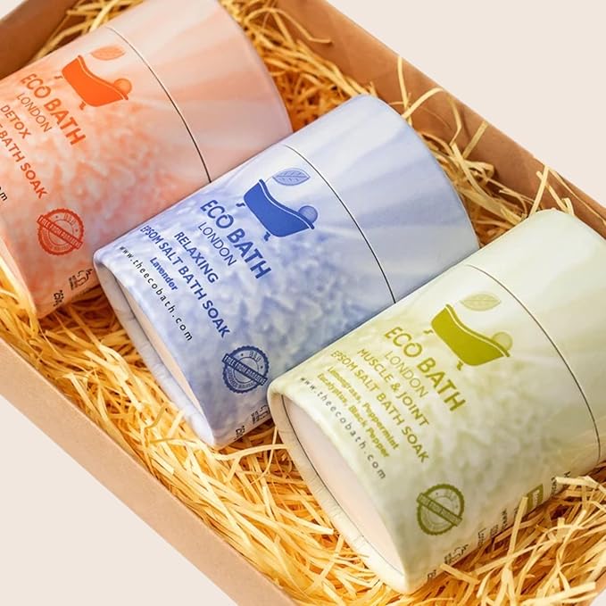 Eco Bath London Epsom Salt Gift Set - 3 x 8.8 oz (250 g) Premium Bath Salts Collection, Magnesium Bath Soak Sampler Made in UK, Relaxation Spa Gift Box for Women and Men, Self Care Birthday Gift