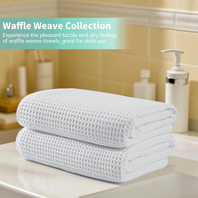 MICROFI New Microfiber Waffle Bath Towels, 2 Pieces, Oversized, Soft, Absorbent, Fast Drying, Lint Free 430 GSM (White)