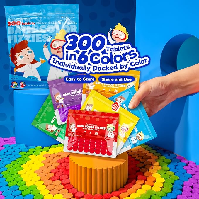 300 Count Bath Color Tablets for Kids, Non-Toxic & Fragrance-Free Fizzies Tablets, 6 Vibrant Water Colors, Kid-Friendly Bath Bombs Set for Fun Bath Time, Ideal for Kids Ages 3+