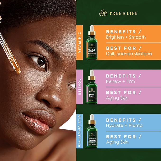 Tree of Life Face Serum Set - Vitamin C, Retinol & Hyaluronic Acid for Brightening, Firming & Hydrating - Anti Aging Skin Care Set - Dermatologist Tested - 1 Fl Oz (Pack of 3) - Mothers Day Gifts