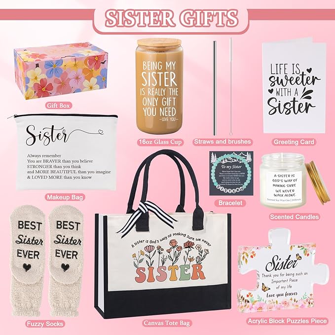 Mothers Day Birthday Gifts for Sister, Sister Mothers Day Birthday Gifts from Sisters, Sisters Gift Ideas - 10PCS Unique Mother Days Basket Ideas, Sister's Mother Days Gift Baskets