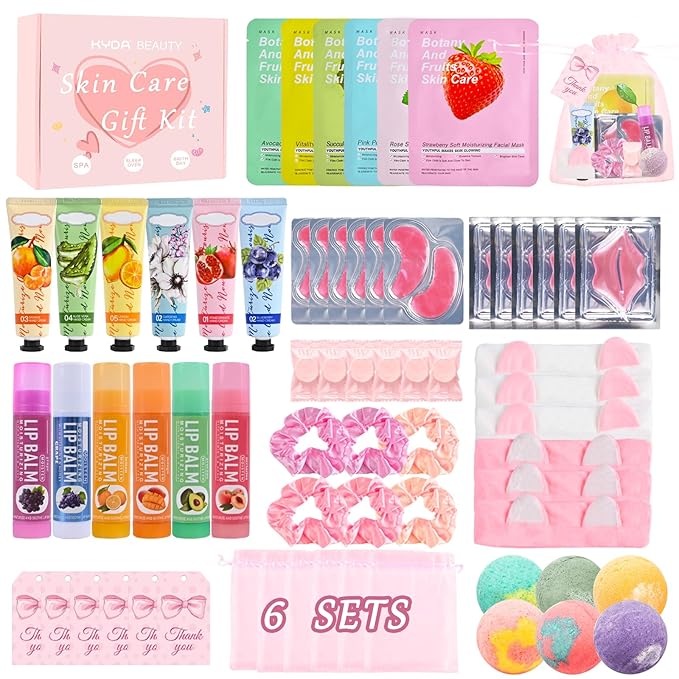 KYDA 66PCS SPA Party Supplies for Women, Include Face Masks, Hand Cream, Lip Balm, Under Eye Patches, Lip Mask, Foot Bath Bomb, Hair Tie and Hair Band, Spa Birthday Sleepover Party Supplies for Girls