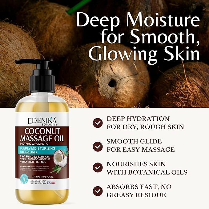 Edenika Botanicals Tropical Coconut Massage Oil for Massage Therapy, Soothing Massage Oil with Coconut & Passion Fruit Oil for Muscle Relaxing, Skin Moisturizing & Hydrating, 2-Pack
