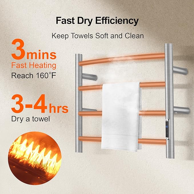 Towel Warmer with Built-in Timer for Bathroom Wall Mounted Bath Towel Heater Plug-in Electric Heated Towel Rack Brushed ETW29