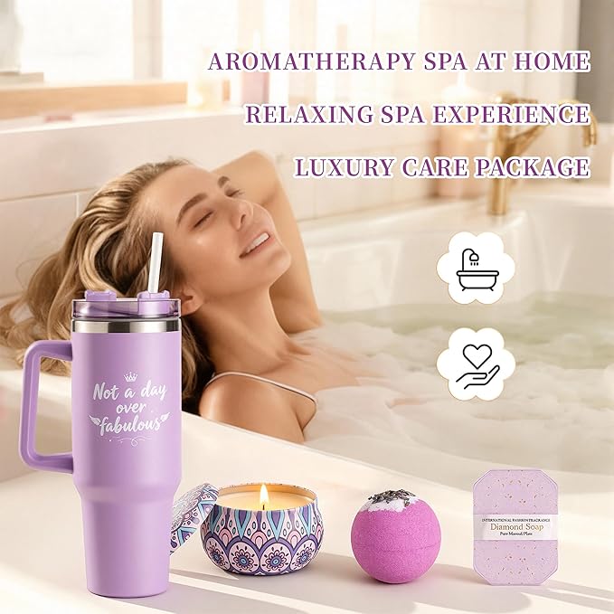 Birthday Gifts for Women – Lavender Spa Gift Basket, Self Care & Get Well Soon Set, 40oz Tumbler with Handle, Stanley Cup Gift Set for Mom, Friends, Relaxation & Pampering