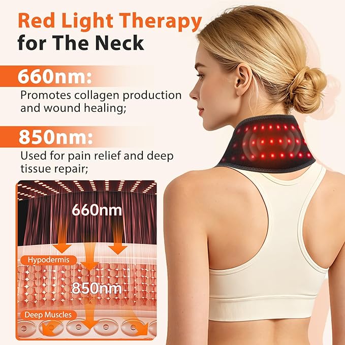 Neck Heating Pad with Massage, Heating Neck Wrap with 660nm 850nm Red Light, with 3000mAh Rechargeable, 3 Levels Heat & 3 Vibration Modes, Electric Nape Heating Pad for Soreness Stiffness