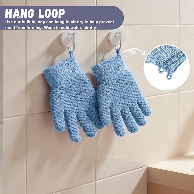 Exfoliating Dual Texture Bath Gloves for Shower Spa Massage and Body Scrubs, Dead Skin Cell Remover, body scrubber with Hanging Loop