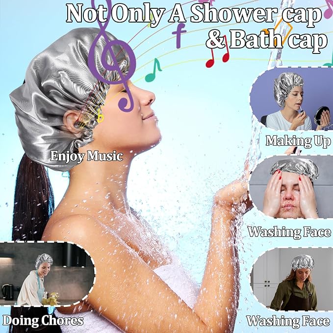 Ymapinc Reusable Shower Caps for Women, Waterproof Hair Shower Cap Adjustable Hair Cover Large Gray Layer Bonnet for Girls Spa Home Salon Use