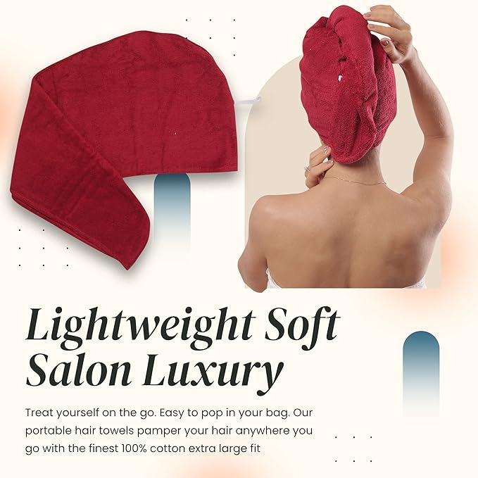 Extra Large Waffle Cotton Hair Towel Wrap - 30 inches Long, 400 GSM, Ultra Absorbent, Quick Dry Hair Turban for Women, Ideal for Long and Curly Hair, Perfect for Plopping (Cherry Red)