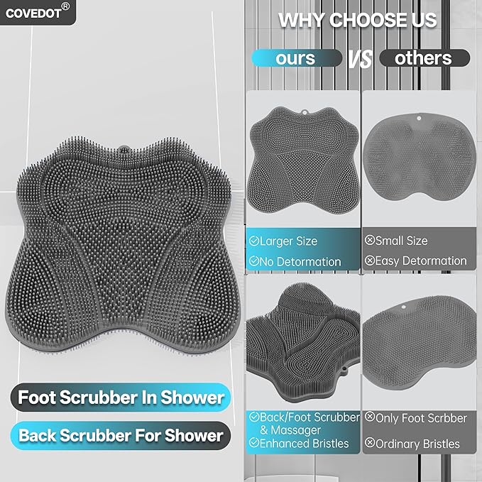 Dual-Sided Silicone Shower Foot Scrubber Mat – Foot Scrubber in Shower for Deep Cleaning & Exfoliation | Wall-Mounted Shower Foot Scrubber Mat & Back Cleaner for Men and Women(Pink, Standard)