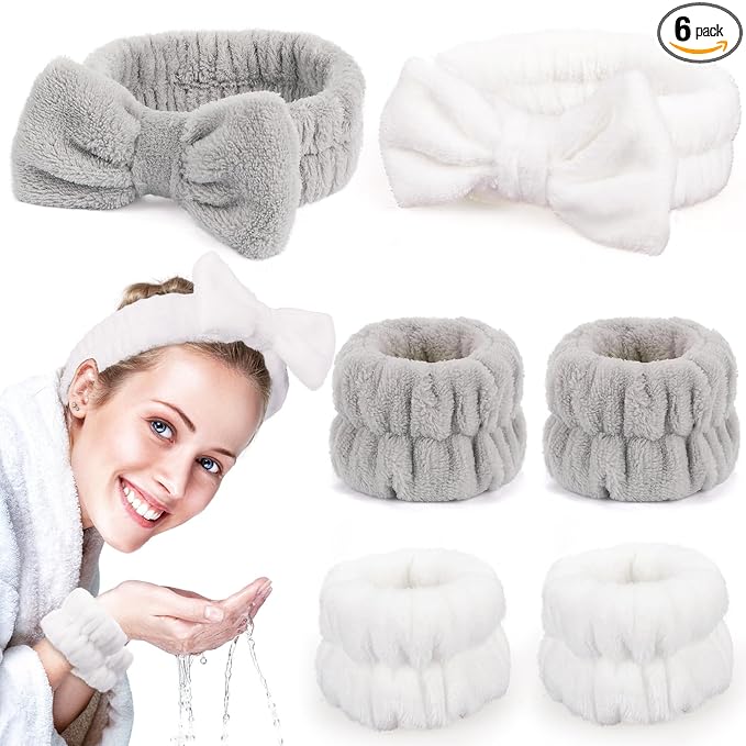 Spa Headbands for Women with Wristband Set: Facial Makeup Headbands for Girls & Teens - Soft Coral Fleece Elastic Hair Wraps with Wrist Accessories for Washing Face Shower Bath Beauty Skincare Gifts