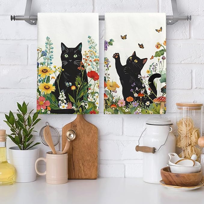 Accnicc 2 Pack Black Cat Bathroom Hand Towels Decorative Spring Floral Dish Kitchen Towel 16x27 Inch Butterfly Mushroom Botanical Wildflowers Absorbent Soft Microfiber Bath Towels Hotel Spa Decor