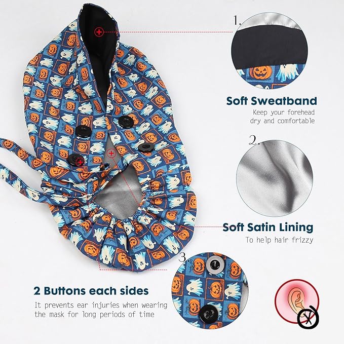Satin Lined Scrub Caps with Buttons & Sweathand, Surgical Caps for Women