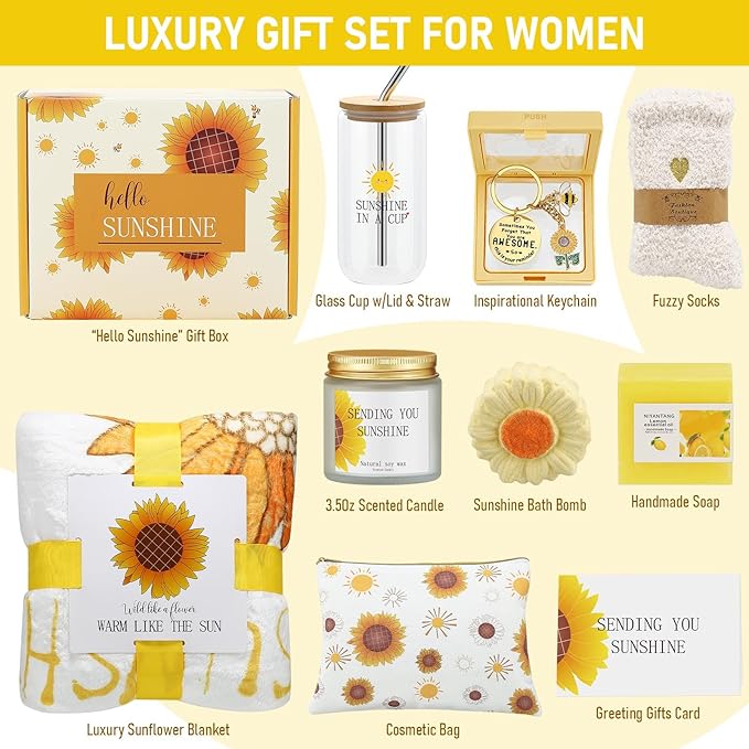 Mothers Day Gifts for Mom Wife Grandma, Sending Sunshine Self Care Get Well Gift Baskets, Relaxation Spa Gifts Set with Luxury Blanket, Birthday Gifts for Women Friend Mom Sister