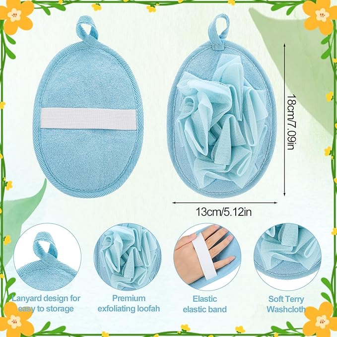 4 PCS Exfoliating Bath Sponges Soft Loofah Shower Scrubber with Elastic Hand Strap for Women Men Gentle Skin Cleansing Body Wash Towel Pouf Pink, Blue, White, Gray