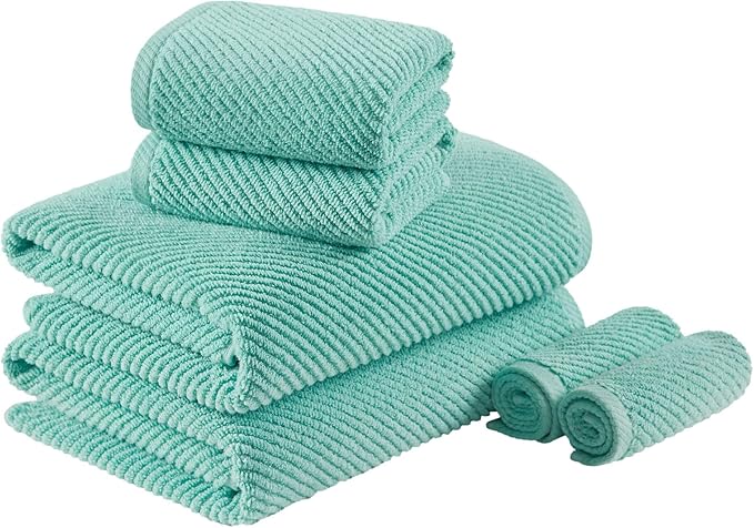 Madison Park Bathroom Towel Set of 6 Diagonal Ribbed, Turquoise 100% Cotton Quick Dry & Absorbent| 2 Bath 30" x 56"| 2 Hand 18" x 28"| 2 Washcloths 13" x 13"| Zero Twist, 500 GSM, Oeko-TEX
