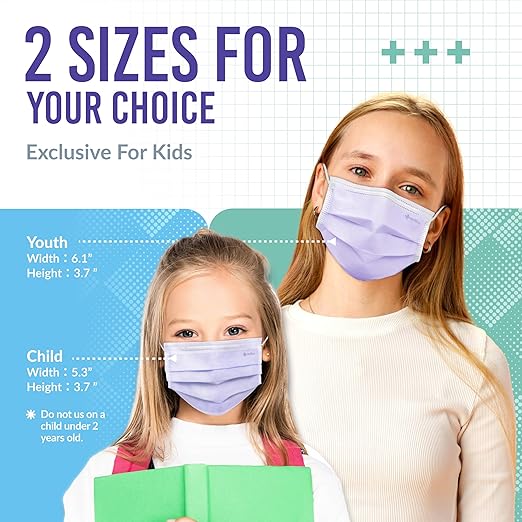 Medtecs Kids Face Mask Disposable - 2 Sizes Option (Child/Youth) 50 PCs - Comfy 3-Ply Breathable Children Masks, The Better & Safer Choice - Youth | Purple