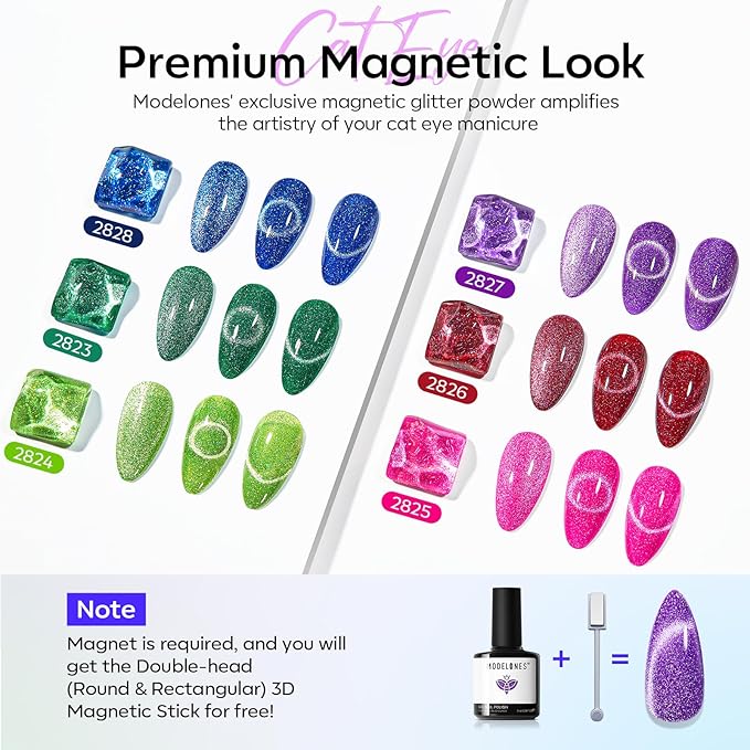 modelones Cat Eye Gel Nail Polish, 6 Colors Glitter Summer Red Pink Purple Green Blue Gel Polish Set with Magnet Sparkle Nail Gel Polish Kit Soak Off Led Nail Art Manicure Salon DIY Gifts