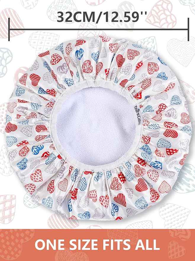 Years calm Terry Lined Shower Cap, Triple Layer Heart Motifs,Waterproof Reusable Elastic,Hair Shower Cap for Women,Terry Cloth Shower Caps for Spa,Clean,Trave (White, One Size)