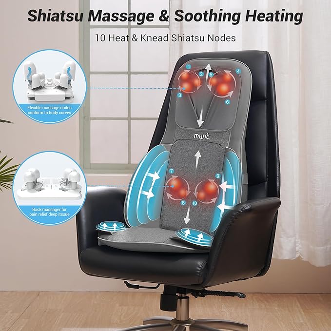 Mynt Back and Neck Massager for Pain Relief Deep Tissue,3D Shiatsu Acupressure Neck Back Massager with Heat, Seat Massager for Full Body Relaxation Dark Gray