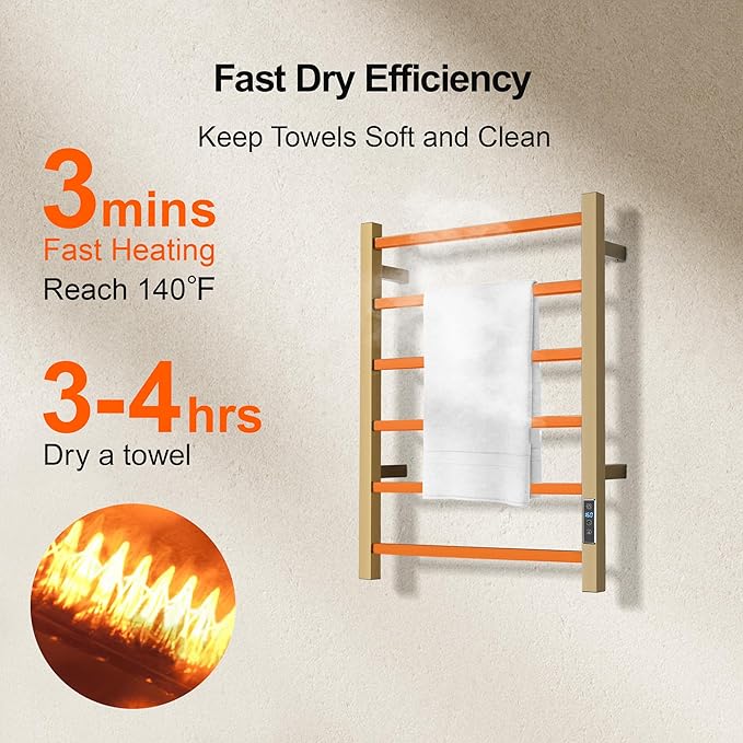 Electric Heated Towel Warmer - Wall Mounted Bathroom Towel Rack, Plug-in Design & Gold Brushed Stainless Steel 6 Bar Gold with Timer & Temperature Control