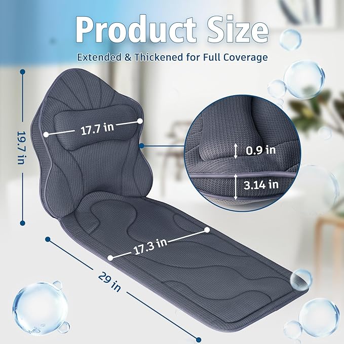 Poemland Full Body Bath Pillow for Tub-Extra Thick Bathtub Pillow with Head & Neck Support, Soft Tub Pillow for Comfort, Non-Slip Bath Cushion for Women, Men & Seniors, Luxury Bathroom Accessories